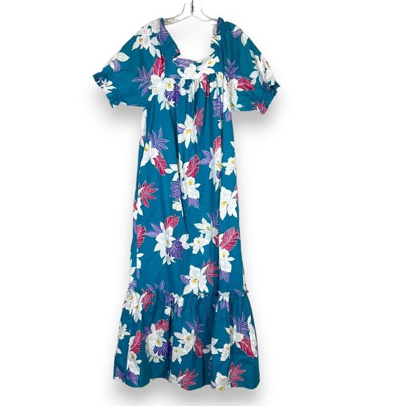 Vintage Hawaiian Maxi Dress Mumu Muumuu Floral Blue Pink White - Picture 3 of 11